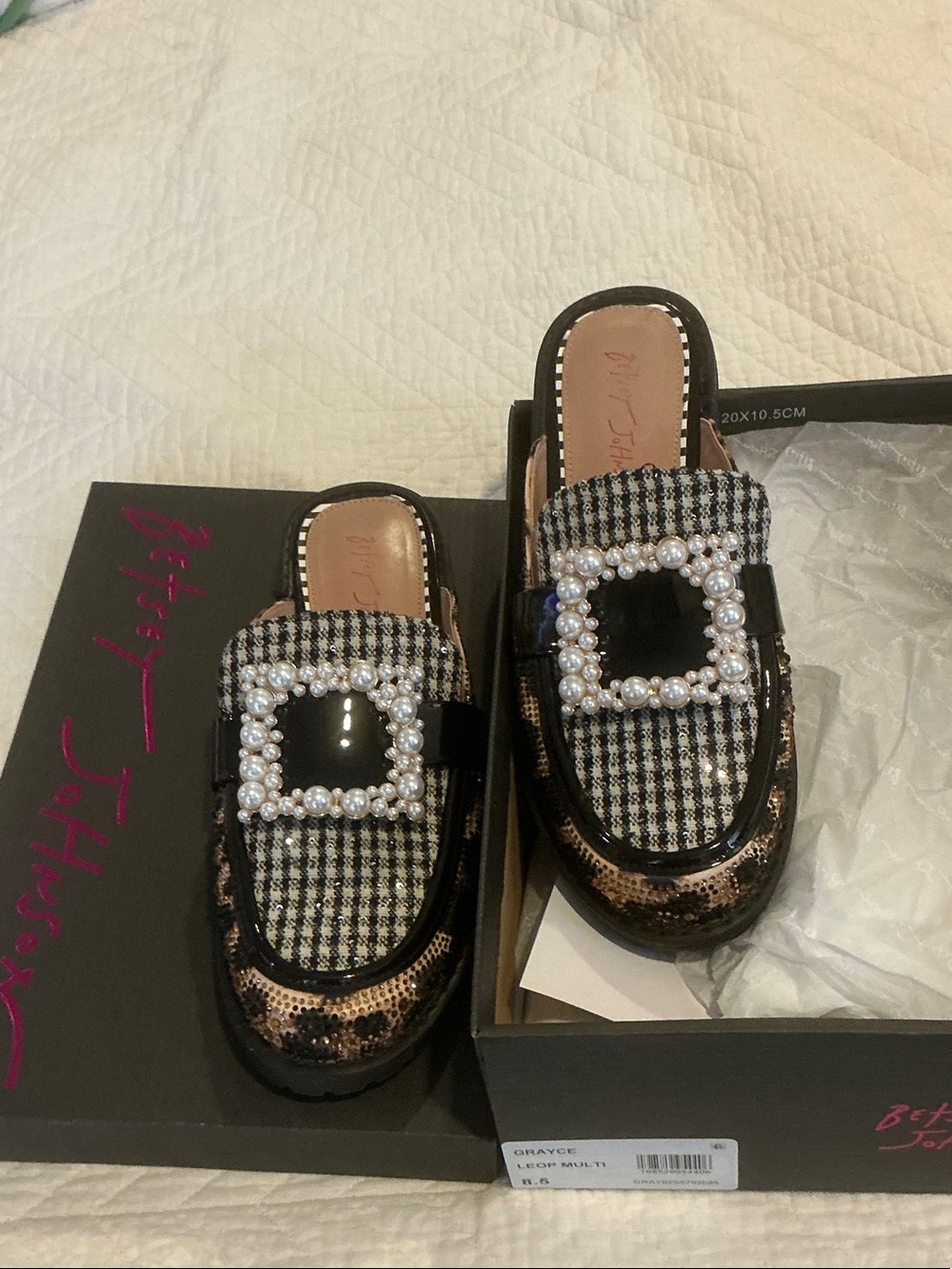Betsey Johnson Black White Houndstooth Pearl Buckle Mules